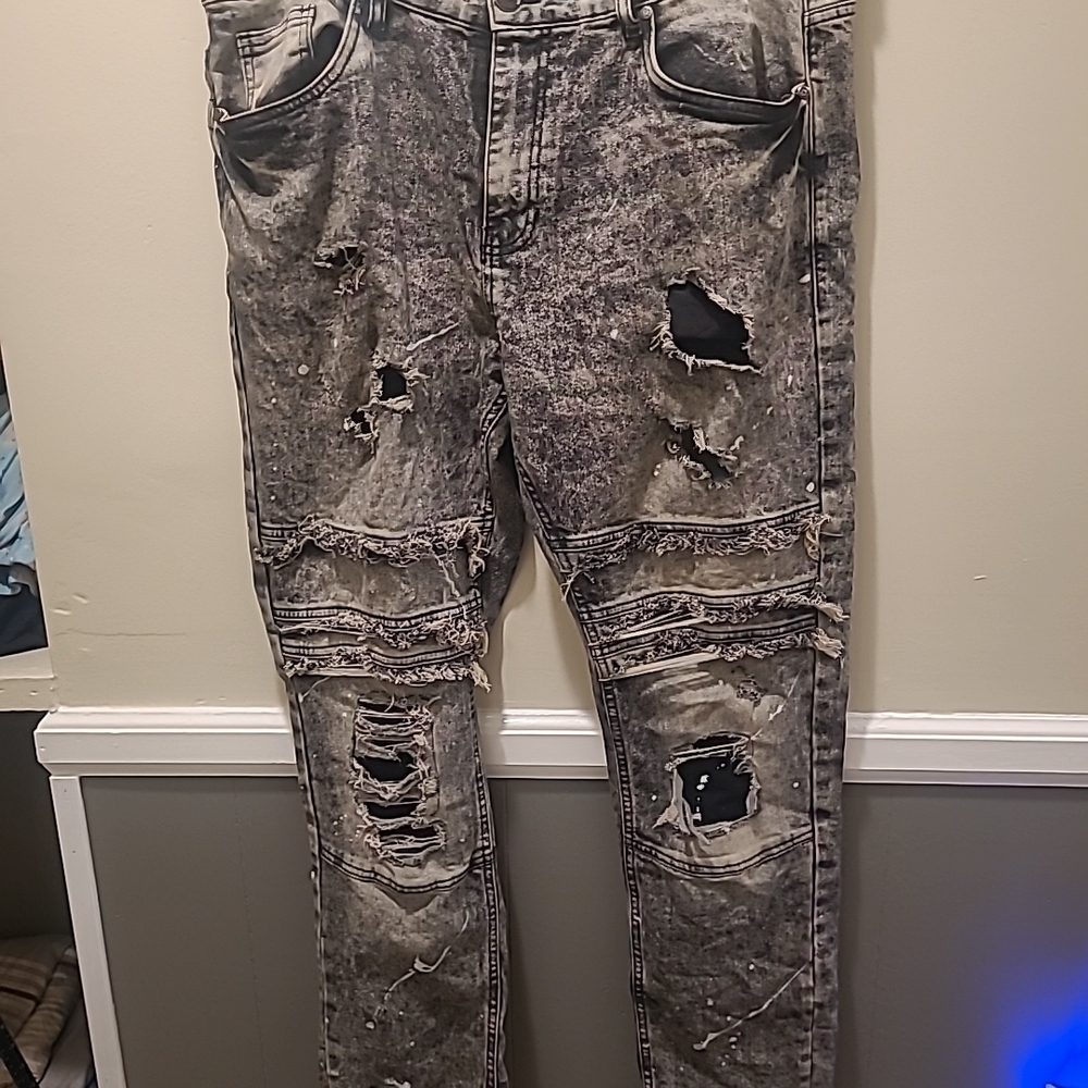 Brooklyn State Mens Acid Wash Distressed Grunge Ripped Jeans Size 40 Paint Splat